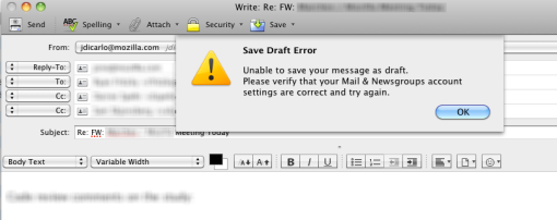 Warning message telling me that the draft could not be saved
